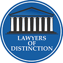 Lawyers of Distinction blue, white and black logo