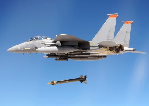 An F-15E Strike Eagle drops a GBU-28 bomb during a Combat Hammer mission.