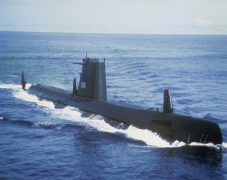 High angle view of a US Navy submarine