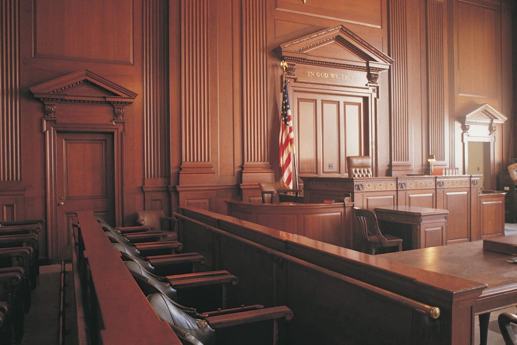 Court room with American flag in the corner