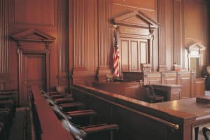 Court room with American flag in the corner