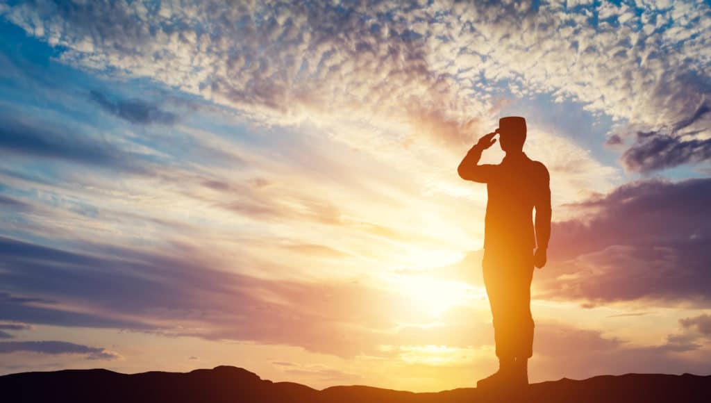 Soldier saluting. Sunset sky, sun shining. Army, salute, patriotic concept. 3D illustration